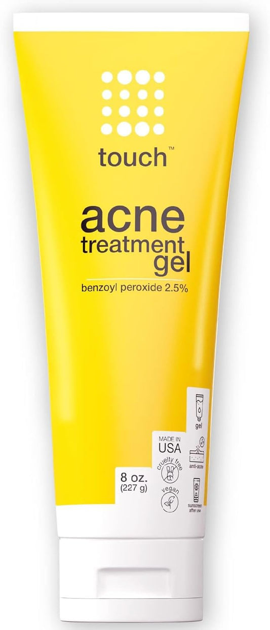 Touch Benzoyl Peroxide 2.5% Acne Treatment Gel Cream - Pimples and Cystic Acne Spot Treatment & Daily Face and Back Medication for Adults & Teens – Goes on Clear Lightweight & Non-Drying - Large 8 oz.