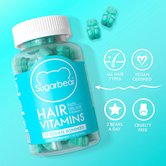 SugarBear Vegan Hair Vitamins with Biotin, Vitamin D, Vitamin B-12, Folic Acid, Vitamin A -  60 Gummies