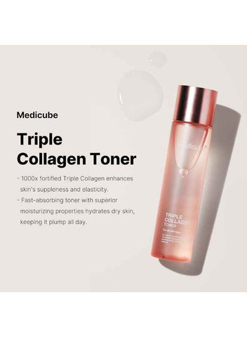 Medicube Triple Collagen Toner - Hydrolyzed, Atelo, & Soluble Collagen for Deep Hydration & Plump Skin - Fast-Absorbing Formula for All-Day Suppleness, Korean Skincare