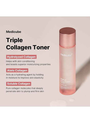Medicube Triple Collagen Toner - Hydrolyzed, Atelo, & Soluble Collagen for Deep Hydration & Plump Skin - Fast-Absorbing Formula for All-Day Suppleness, Korean Skincare